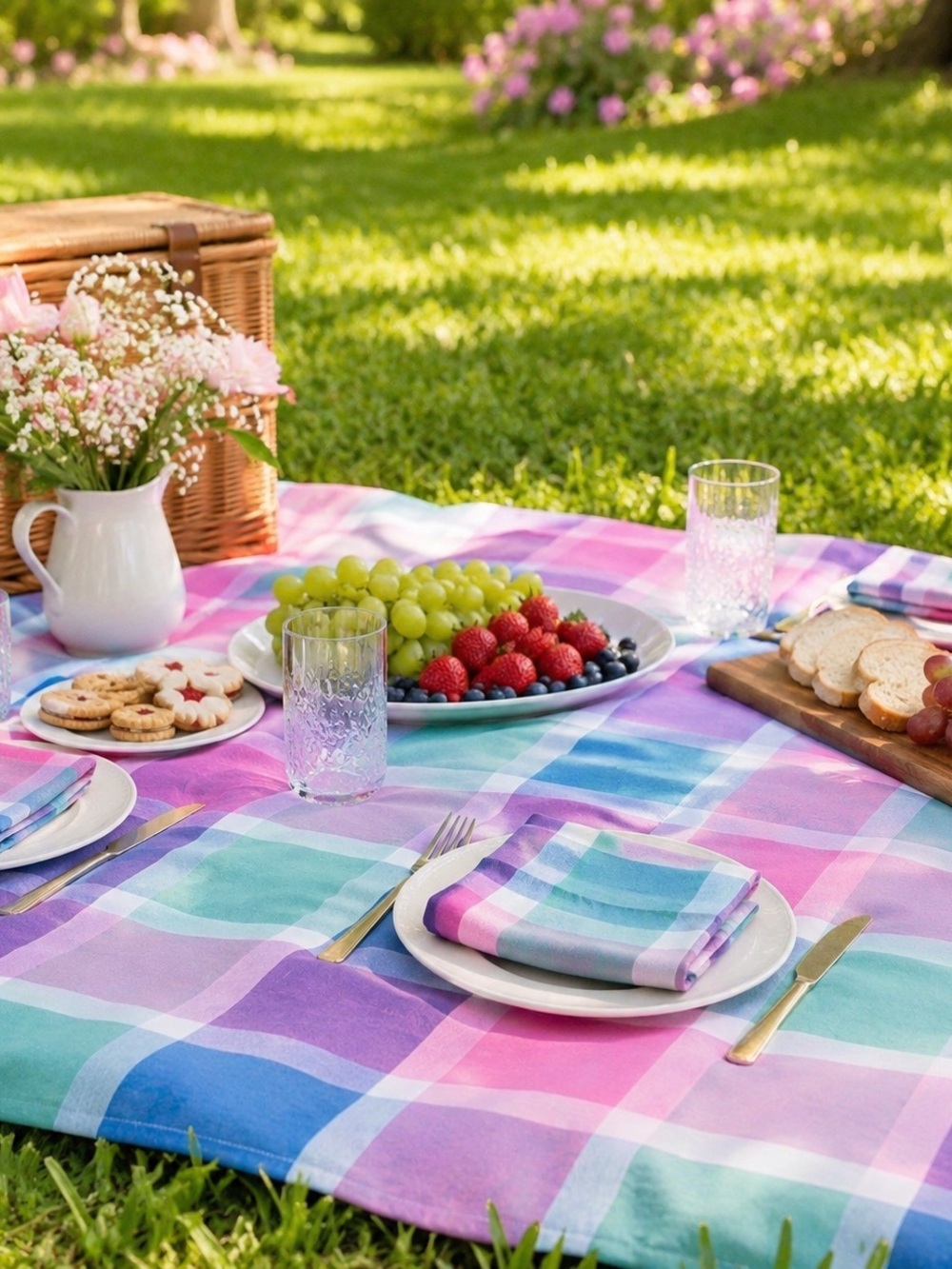 Pastel Plaid Tablecloth Napkin Set 52x72 Cottagecore Picnic Garden Party